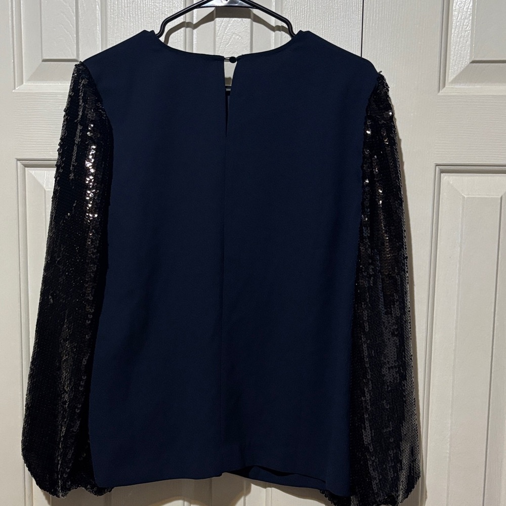 J. Crew Navy Top with Black Sequin Sleeves